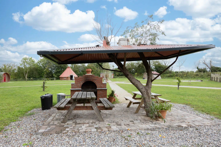 Picnic tables under a metal roof with a brick oven and trees in a grassy park area.